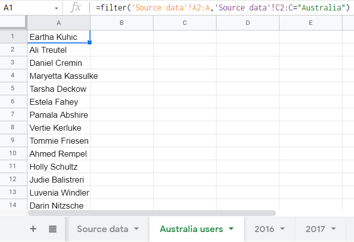 Filtered Imported Data