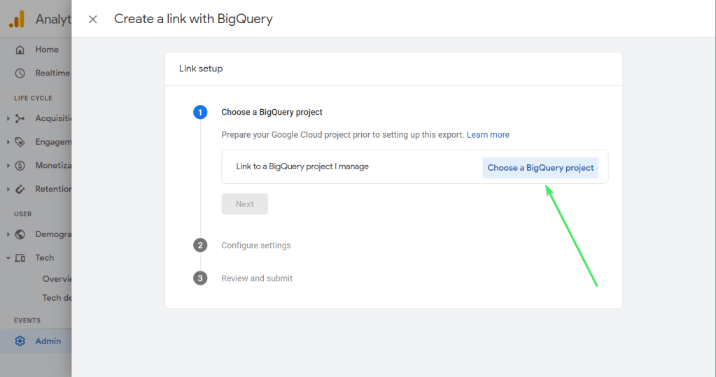 Choose a BigQuery project (you can choose the project that you have access to). 