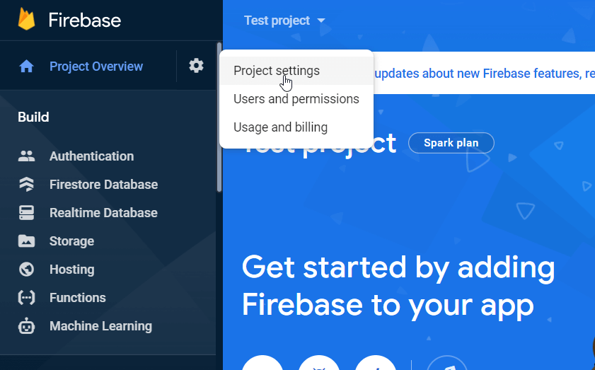 Firebase project settings