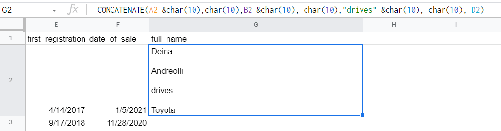 Google Sheets CONCATENATE with a new line between data strings