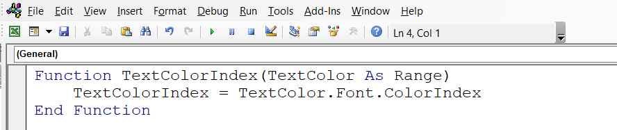 Figure 4.9. Creating TextColorIndex VBA function