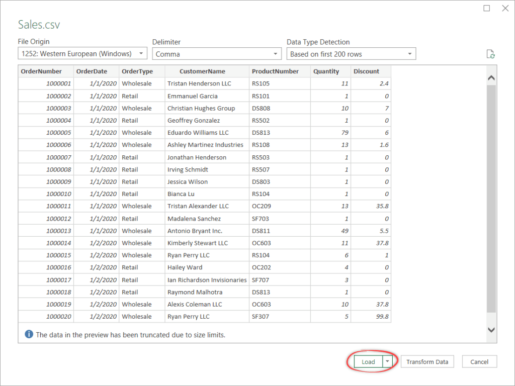 Figure 06. Loading Sales.csv into a new worksheet