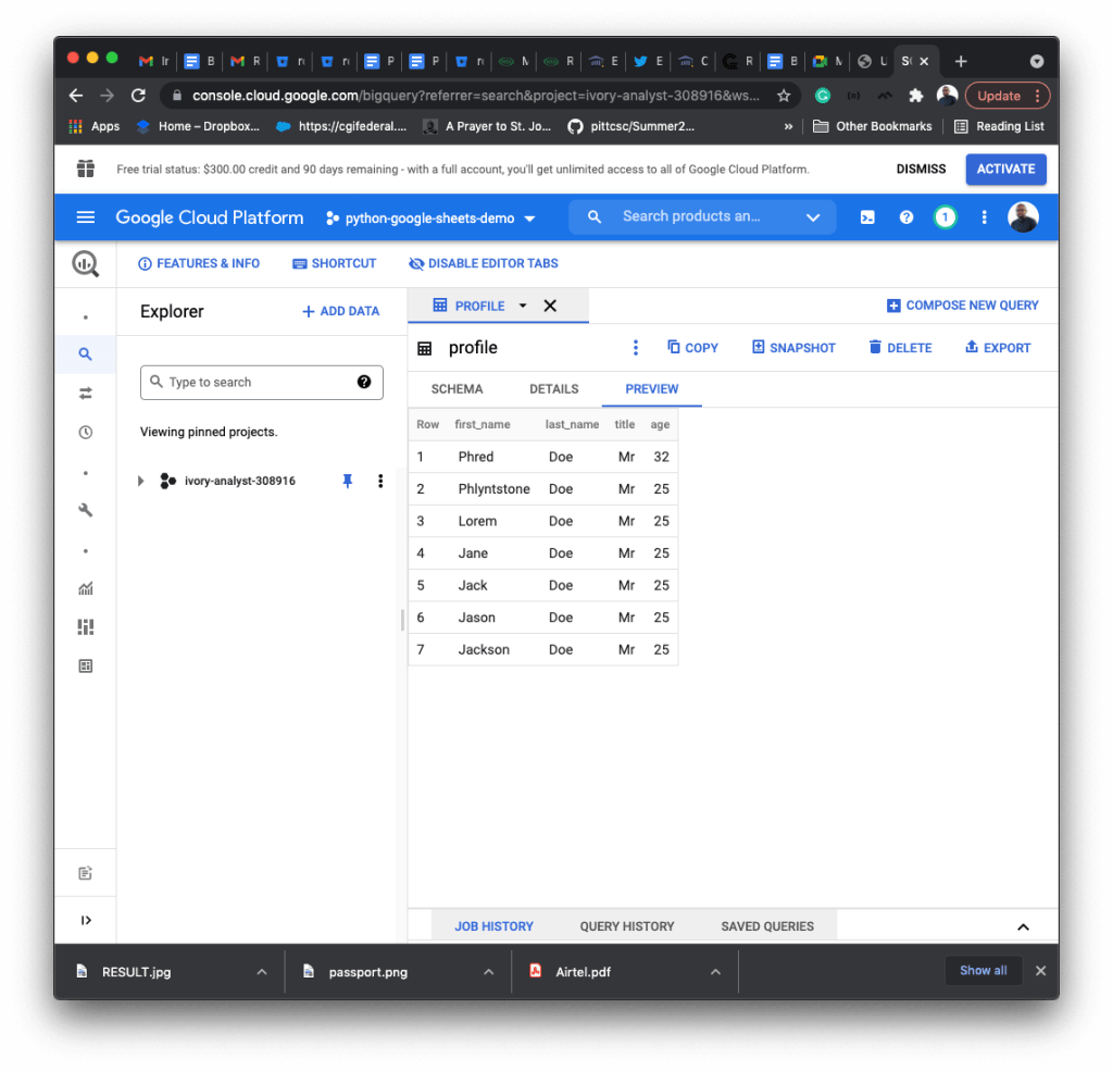 BigQuery table with rows
