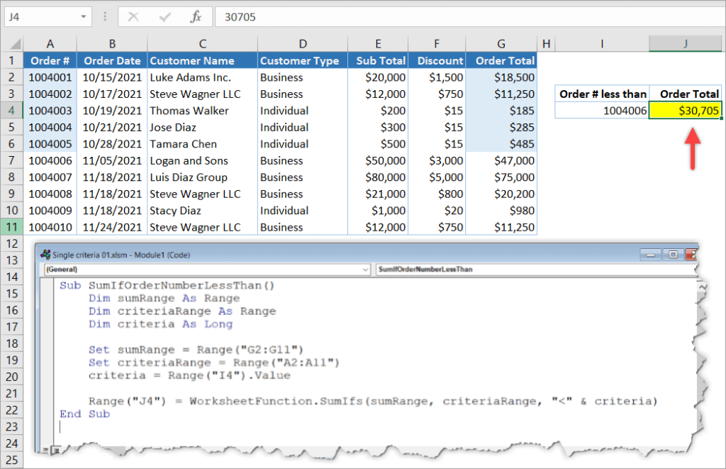 Figure 12. An example of VBA SUMIFS less than