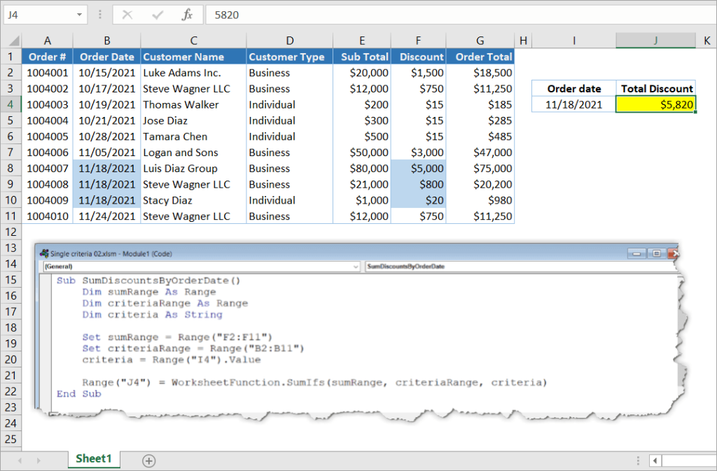 Figure 13. VBA SUMIFS date example