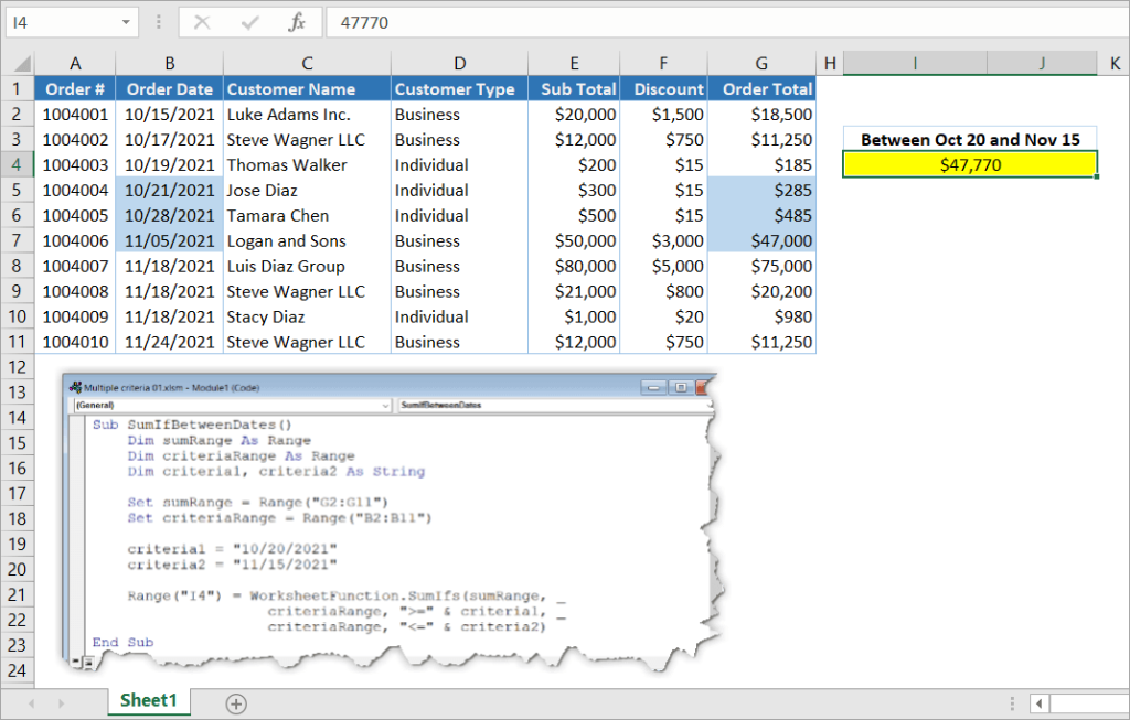 Figure 15. Excel VBA SUMIFS between dates