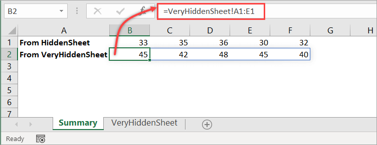 Figure 29. A linking formula to show data from the VeryHiddenSheet sheet
