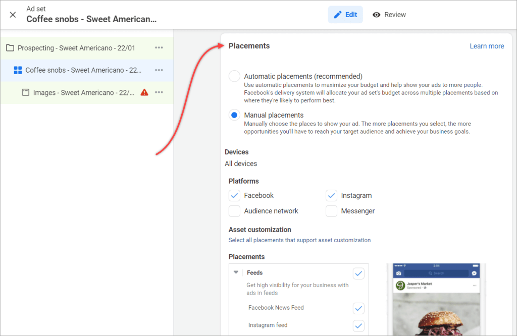 Figure 4.4.1. Facebook ads managing ad placements