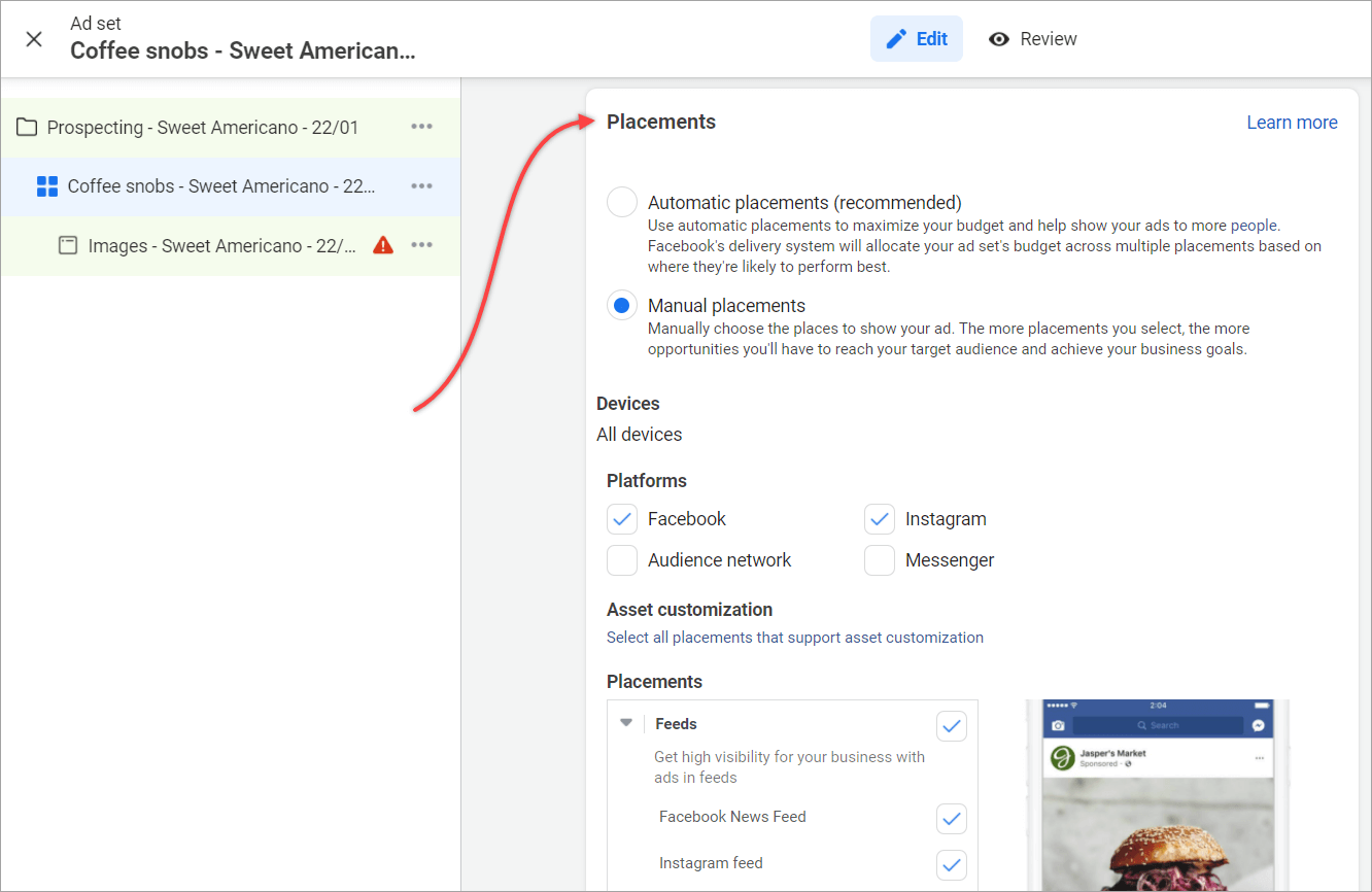 Gestion des emplacements publicitaires dans les Facebook Ads