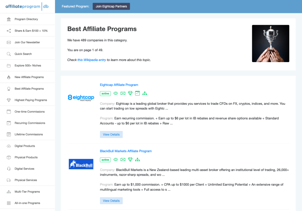 example affiliate program database directory