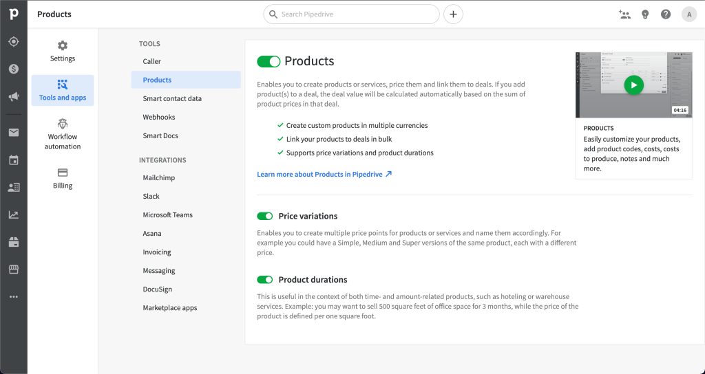 1. Settings for products