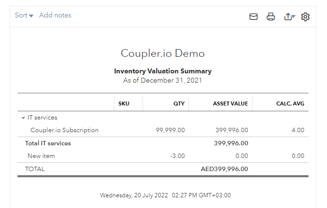 3 QuickBooks Inventory Valuation Summary report