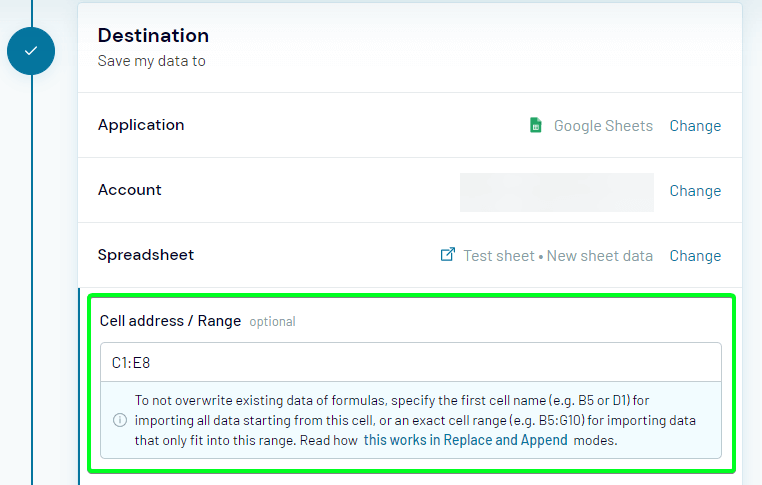 range destination google sheets