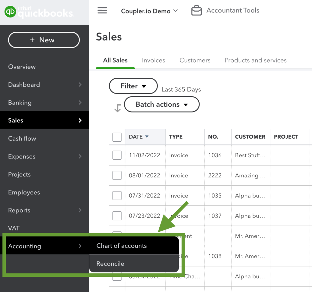 1. export a chart of accounts in QuickBooks Online manually