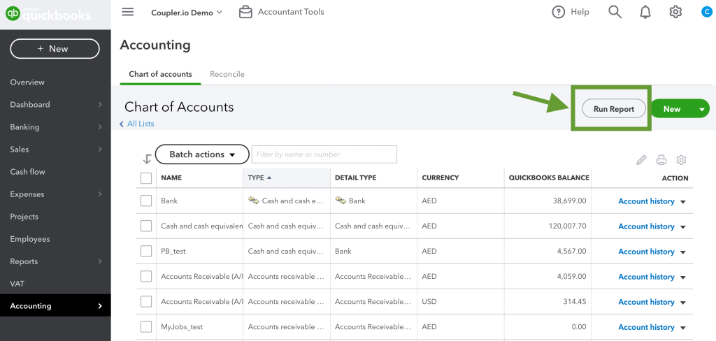 2. Quickbooks Online run report