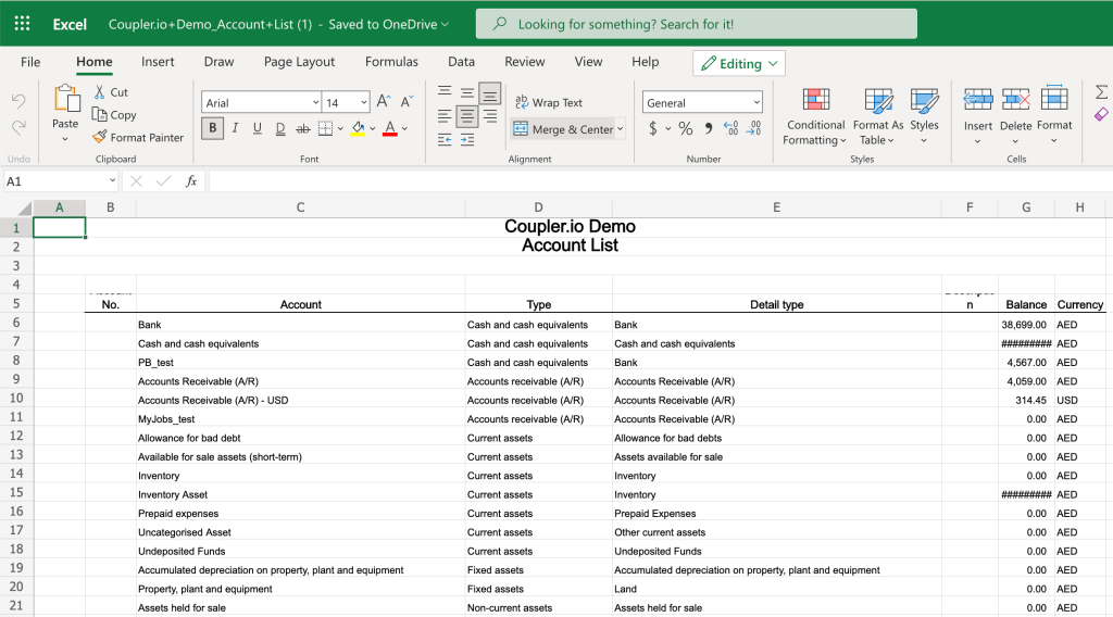 5. Quickbooks data exported to EXCEL