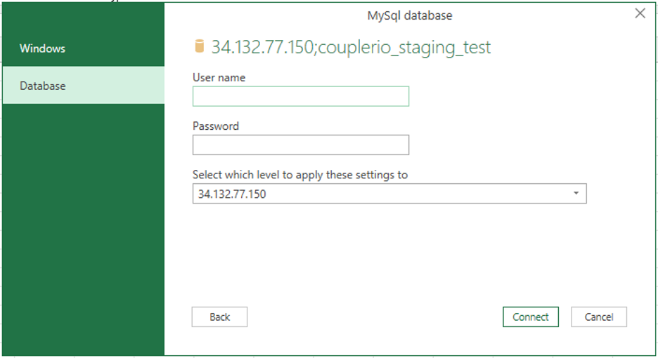 MySQL database details in Excel 2