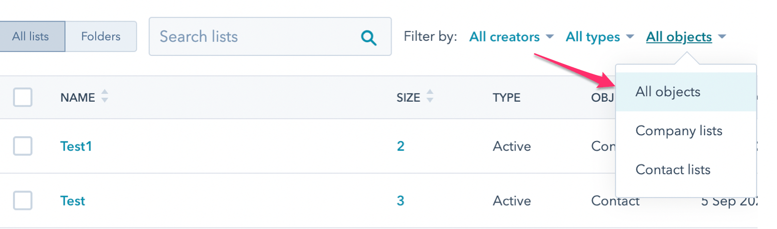 Liste des objets des filtres