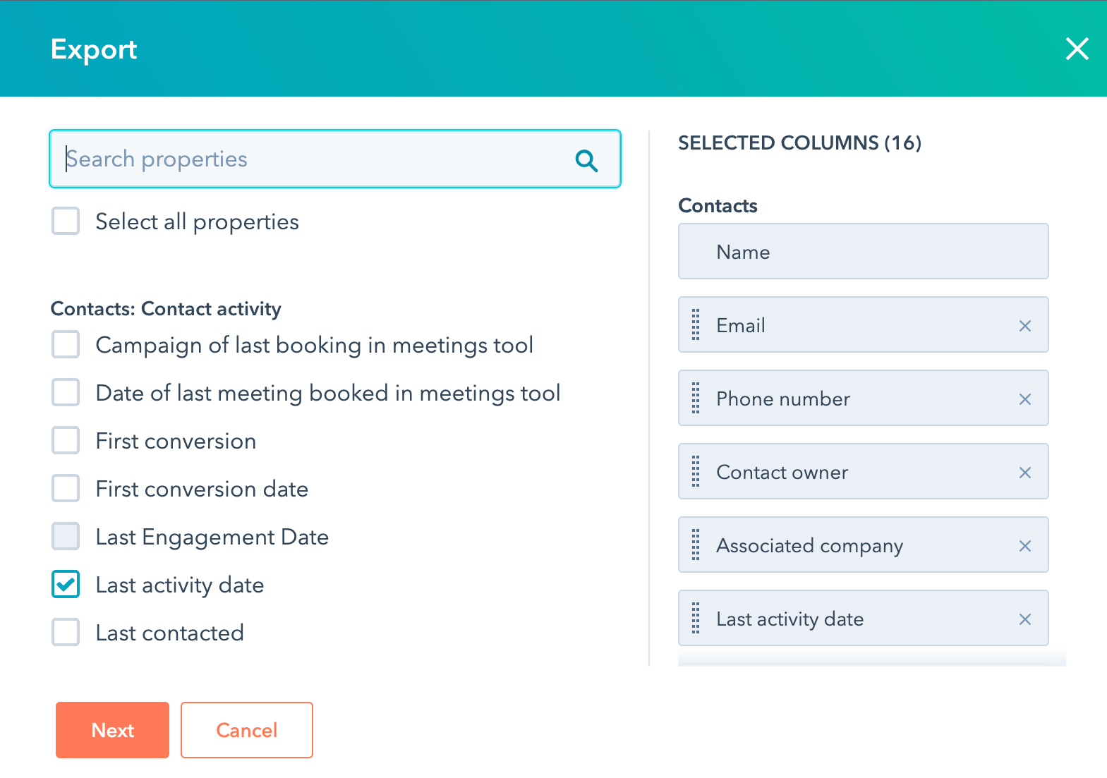 Propriétés des listes d'exportation