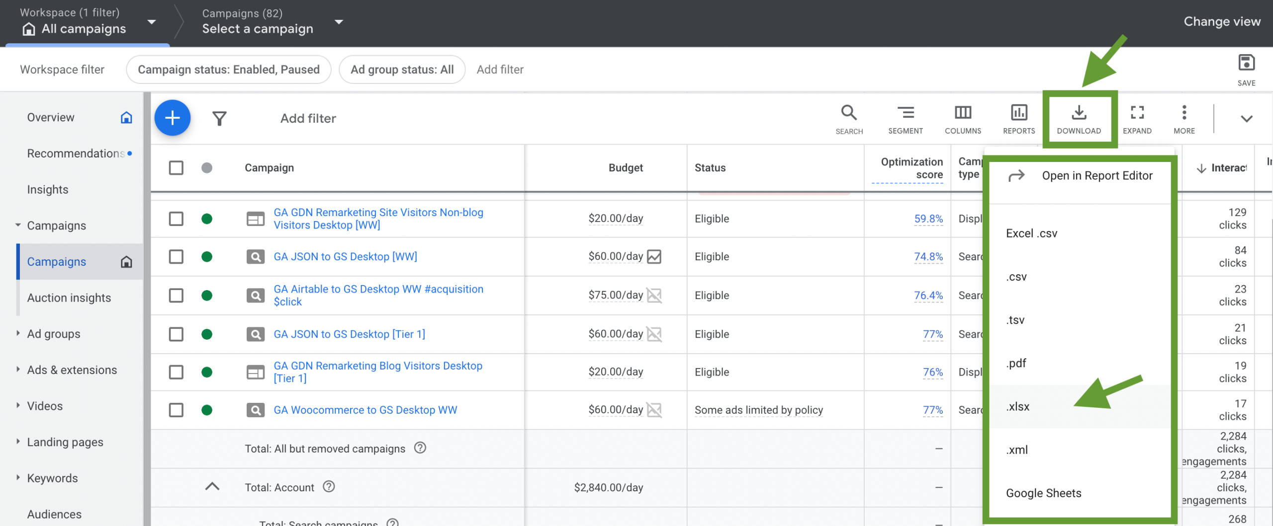 4. Télécharger les données Google Ads au format xlsx