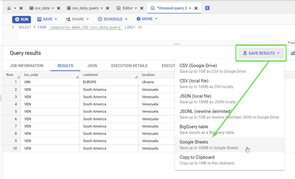 1.1 save query results bigquery google sheets