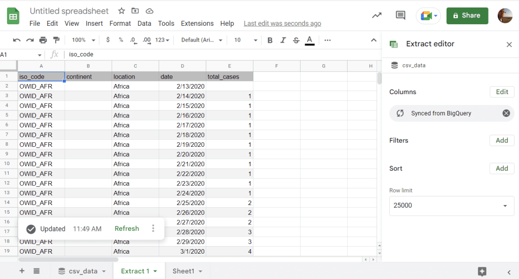 2.5 extract bigquery table into google sheets