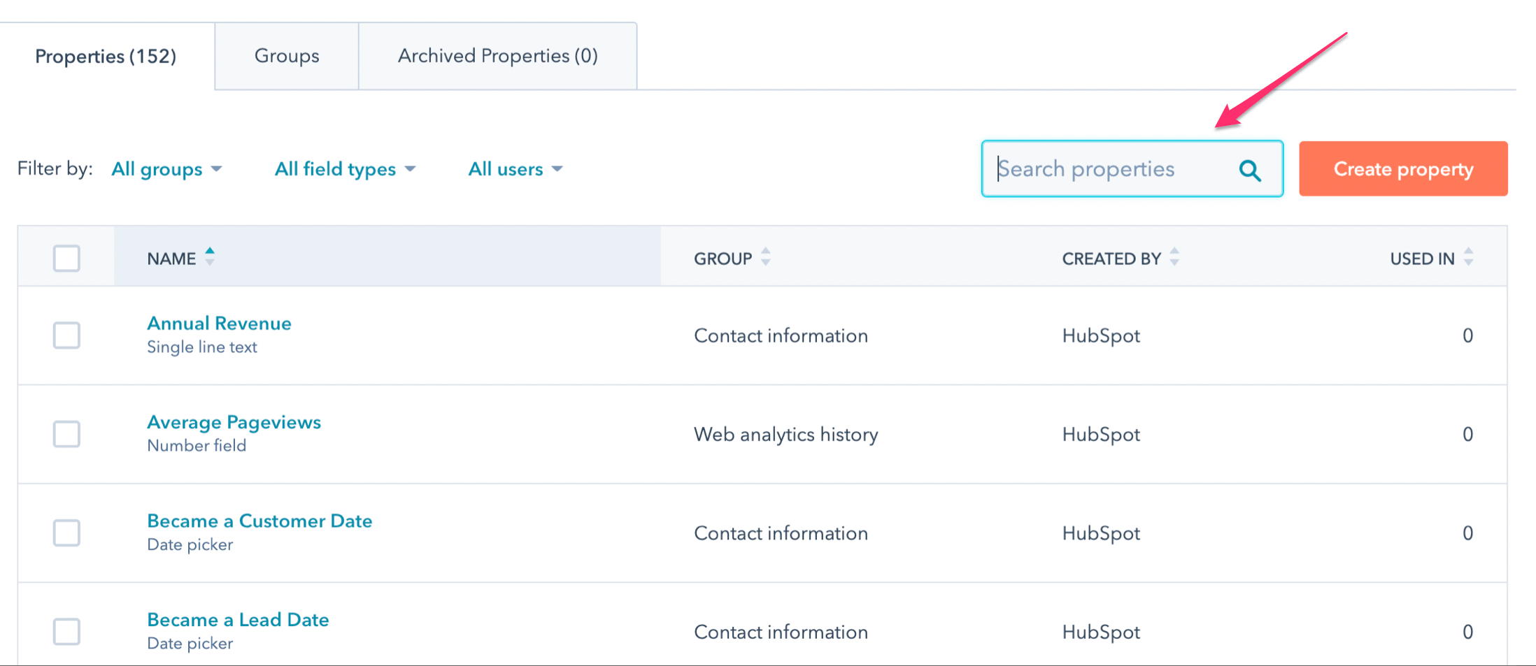 propriétés de recherche Hubspot