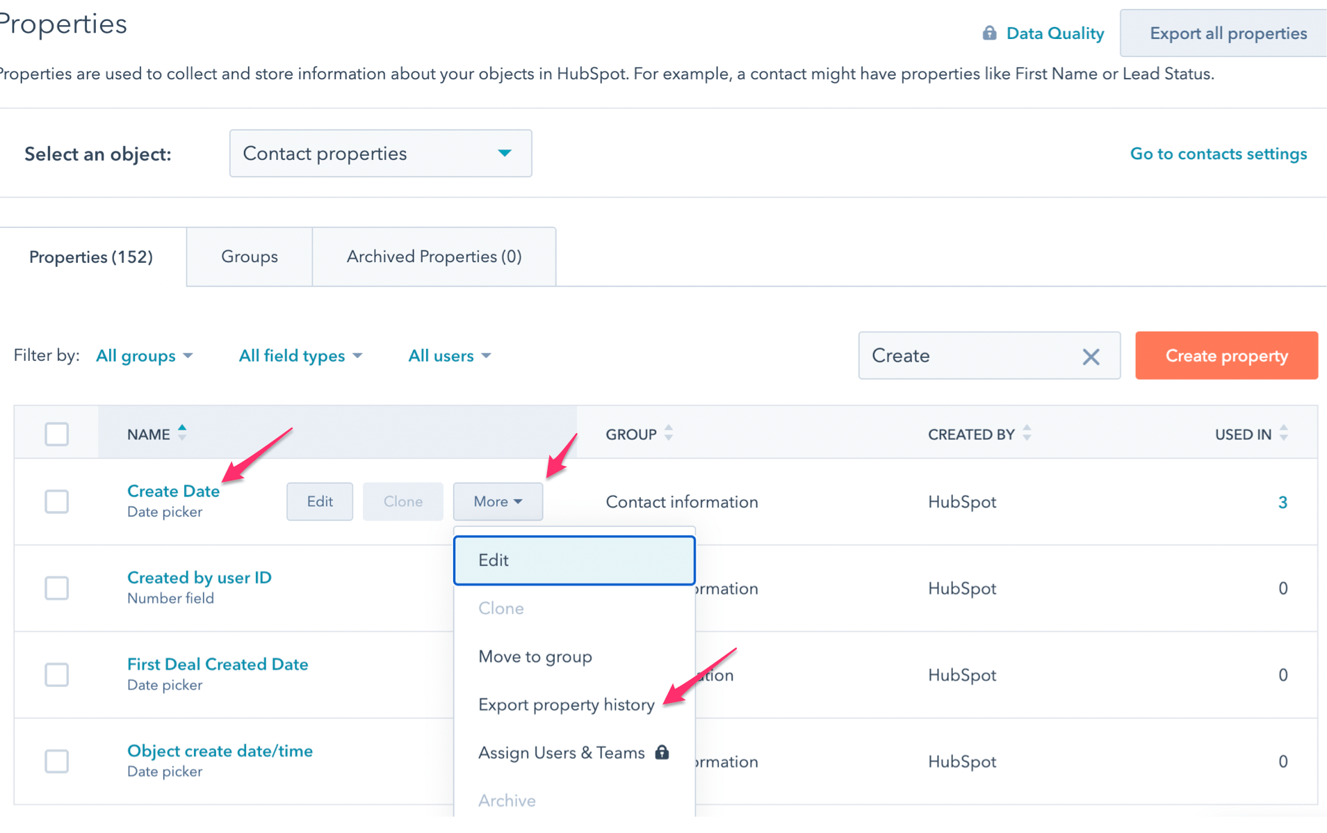 exporter l'historique des propriétés de la date de création