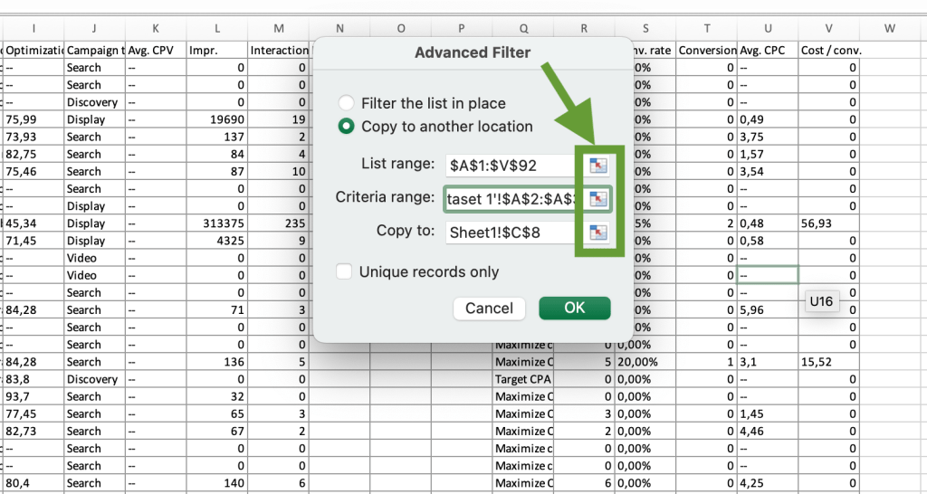 11. Excel advanced filter range