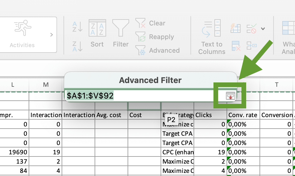 12. Excel advanced filter range back
