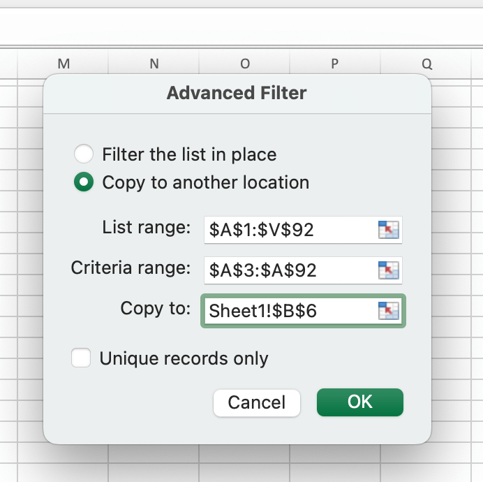 13. Excel advanced filter copy to another location