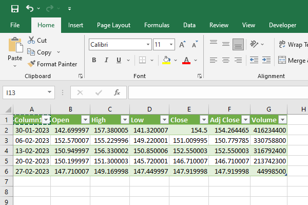 12 yahoo finance table exported to excel