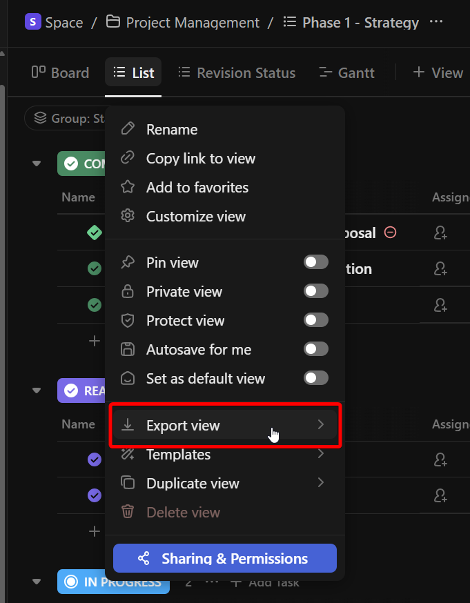 1.2 clickup list export view