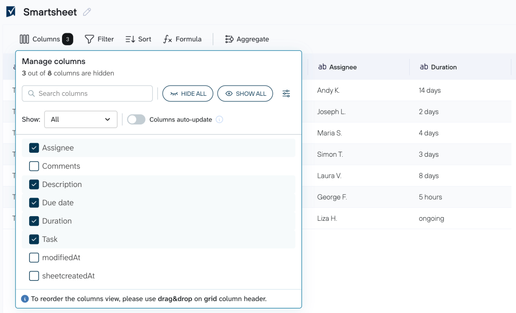 9. columns filters sorting