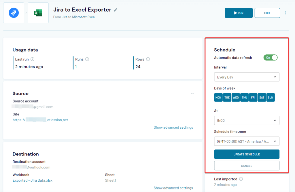 8 jira export to excel schedule settings