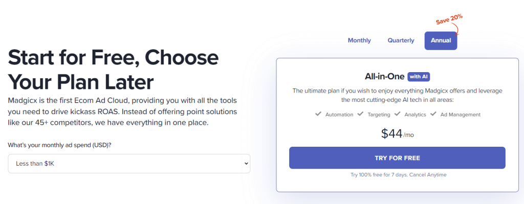 Madgicx pricing page