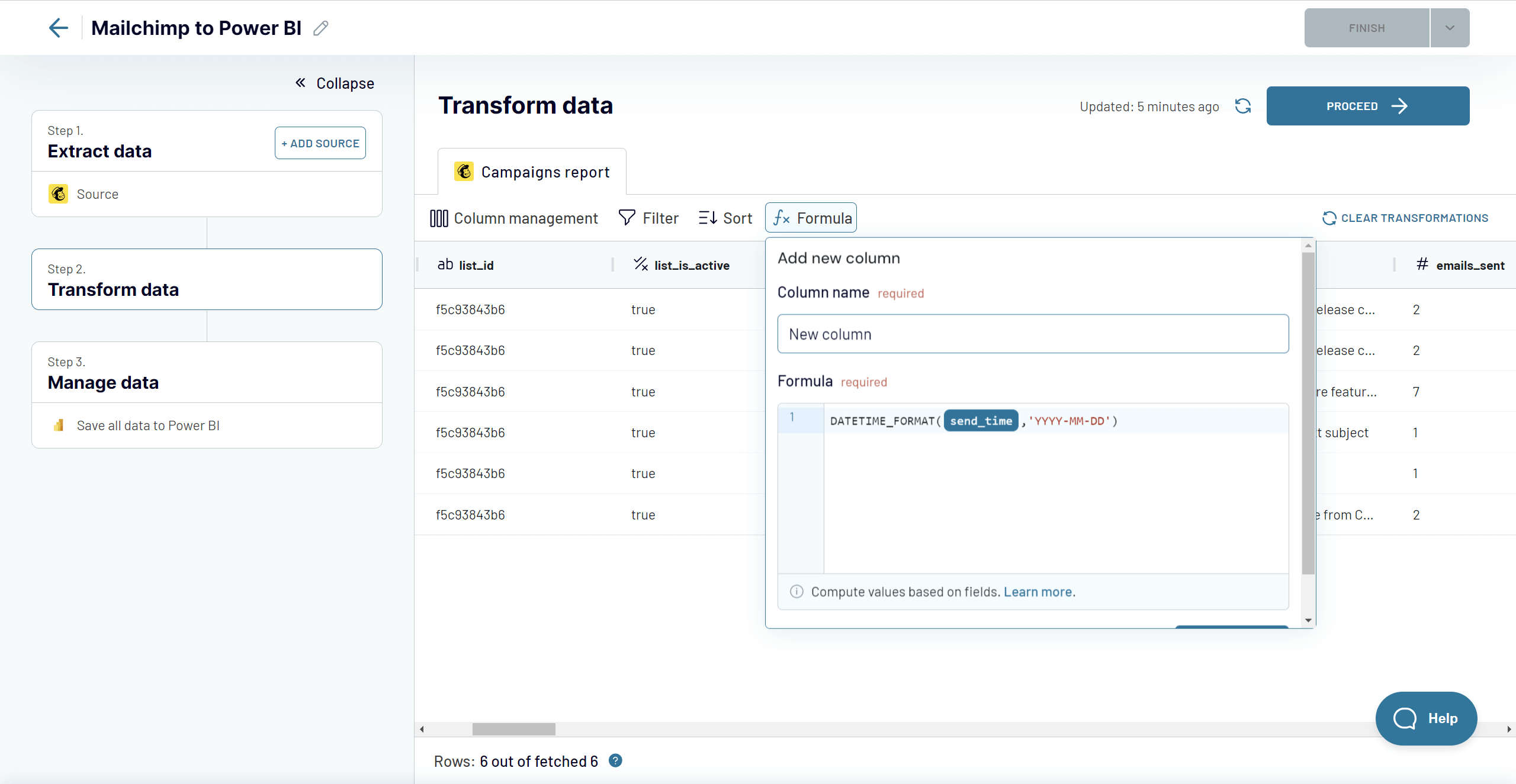 2. paso2 transformar datos mailchimp power bi