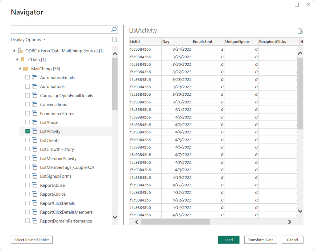 7.3 power bi from odbc mailchimp navigator