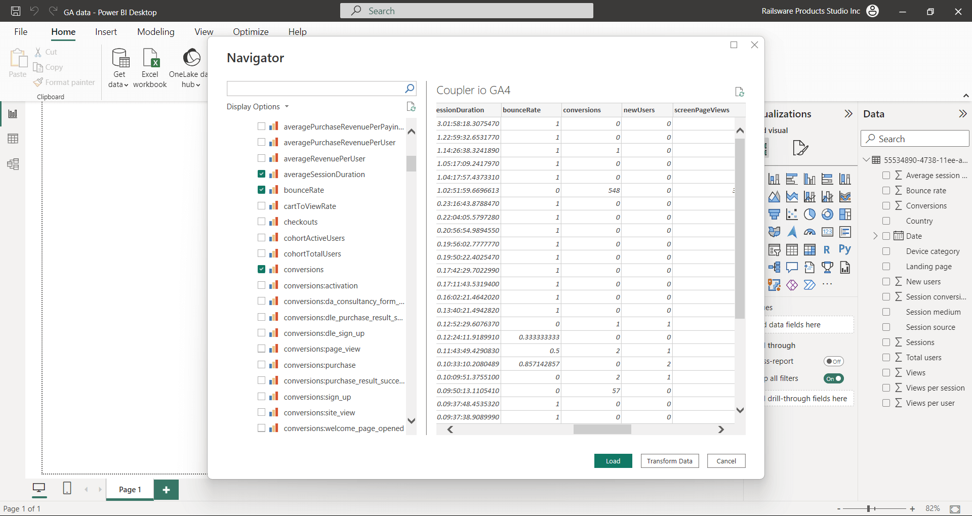 Power BI, métriques et dimension du navigateur google analytics