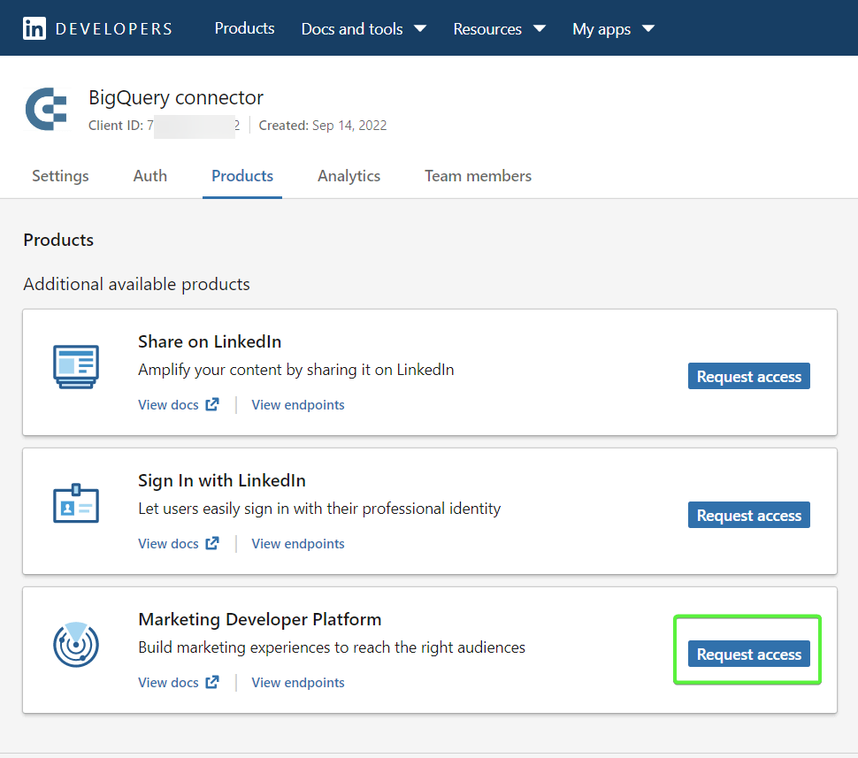 demande d'accès à la plateforme de développement de l'application marketing linkedin