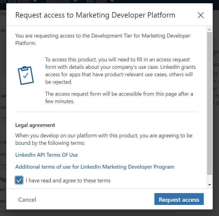 demande d'accès à la plateforme de développement de l'application marketing linkedin v2