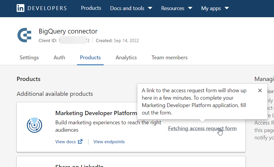 demande d'accès à la plateforme de développement marketing de l'application linkedin