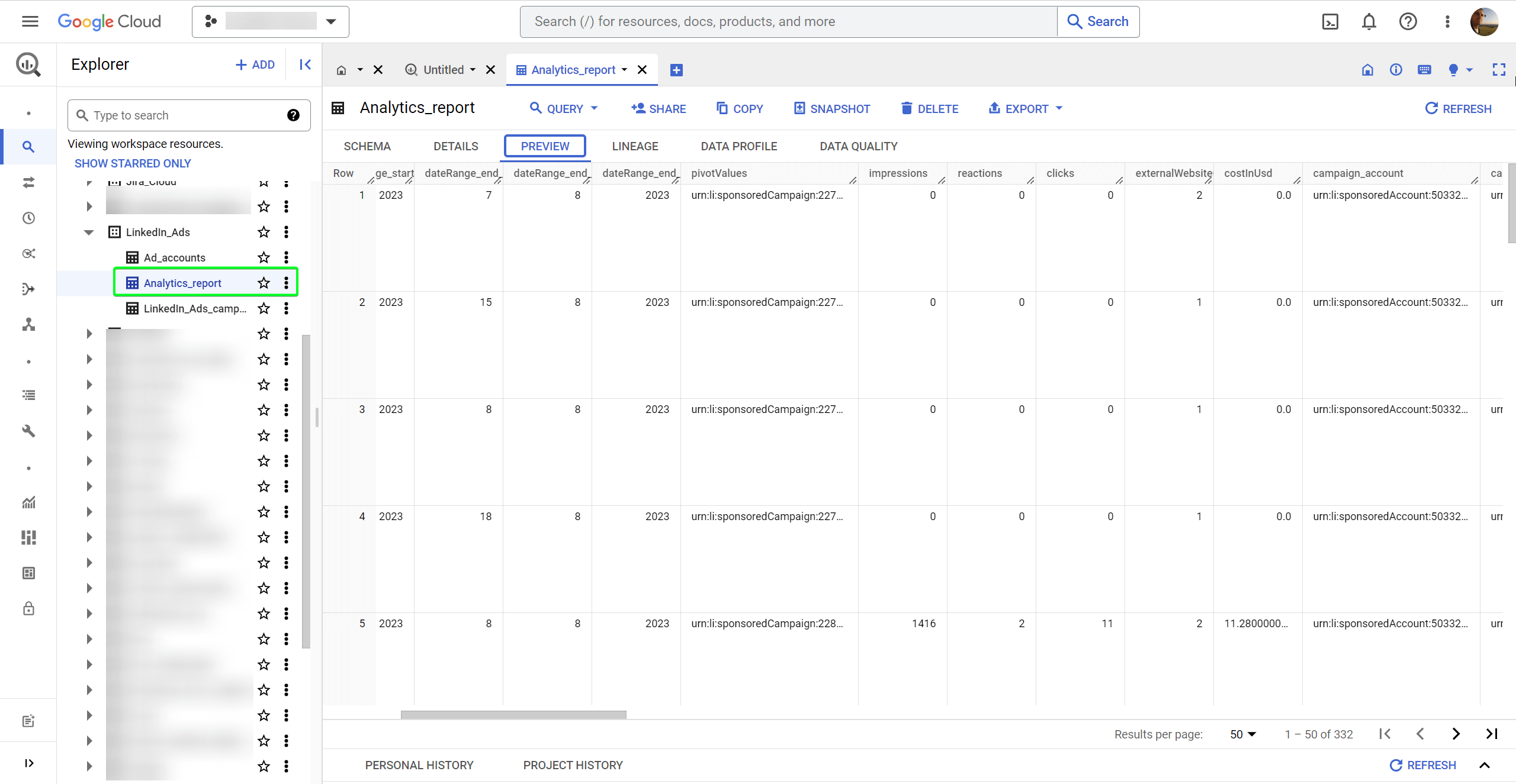 Résultats BigQuery pour les LinkedIn Ads