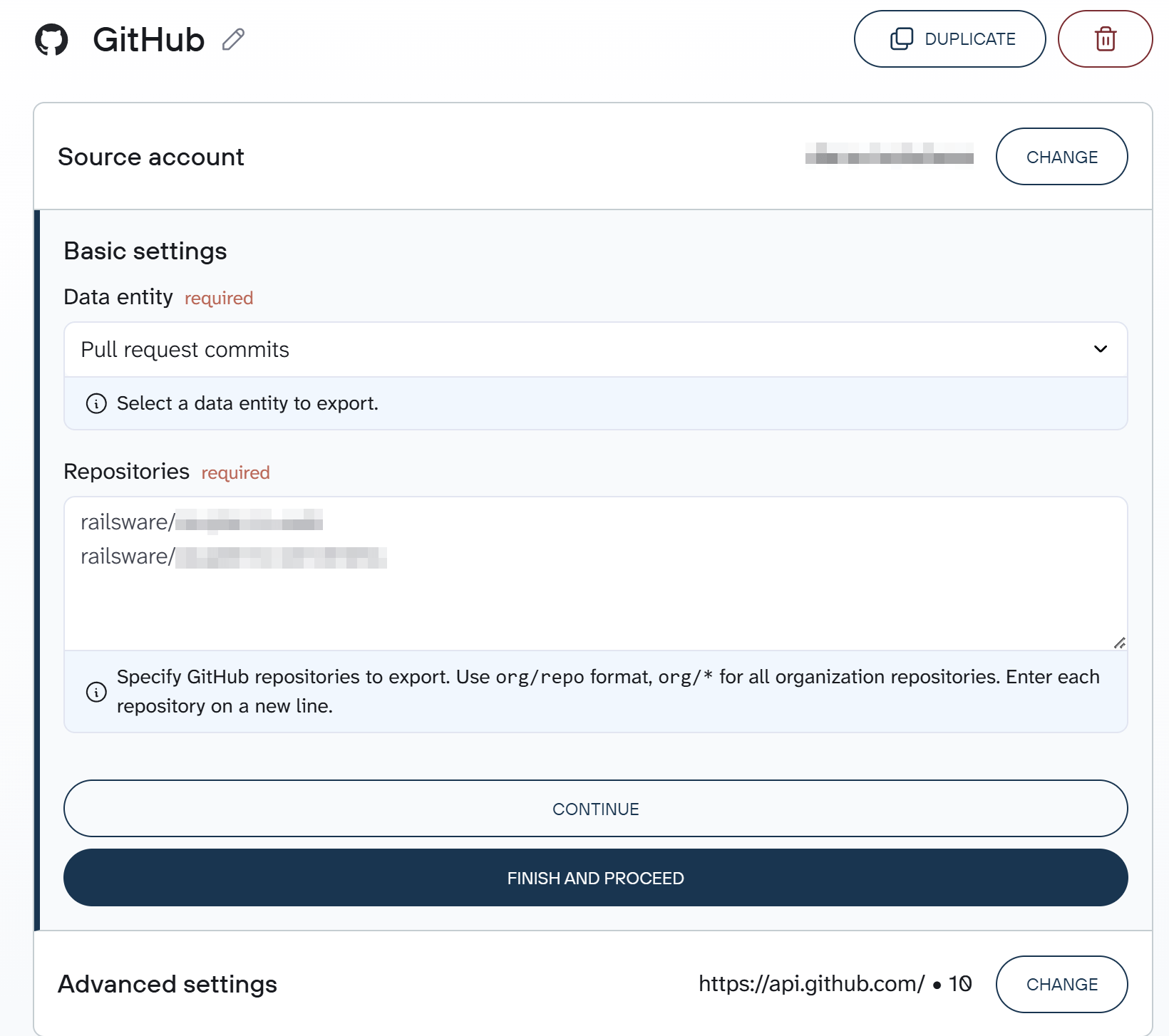 1 GitHub data export settings configuration screen