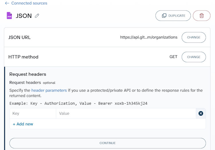 10 JSON connector request headers configuration page