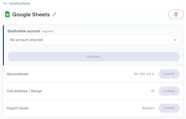 11 Google Sheets destination configuration settings