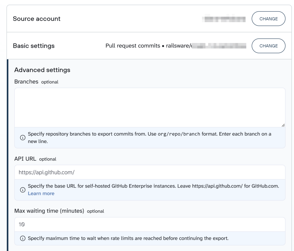 2 GitHub advanced export settings configuration panel