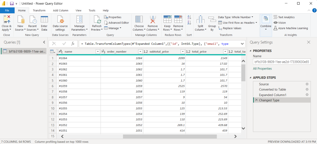 4.step 3 shopify power bi power query editor