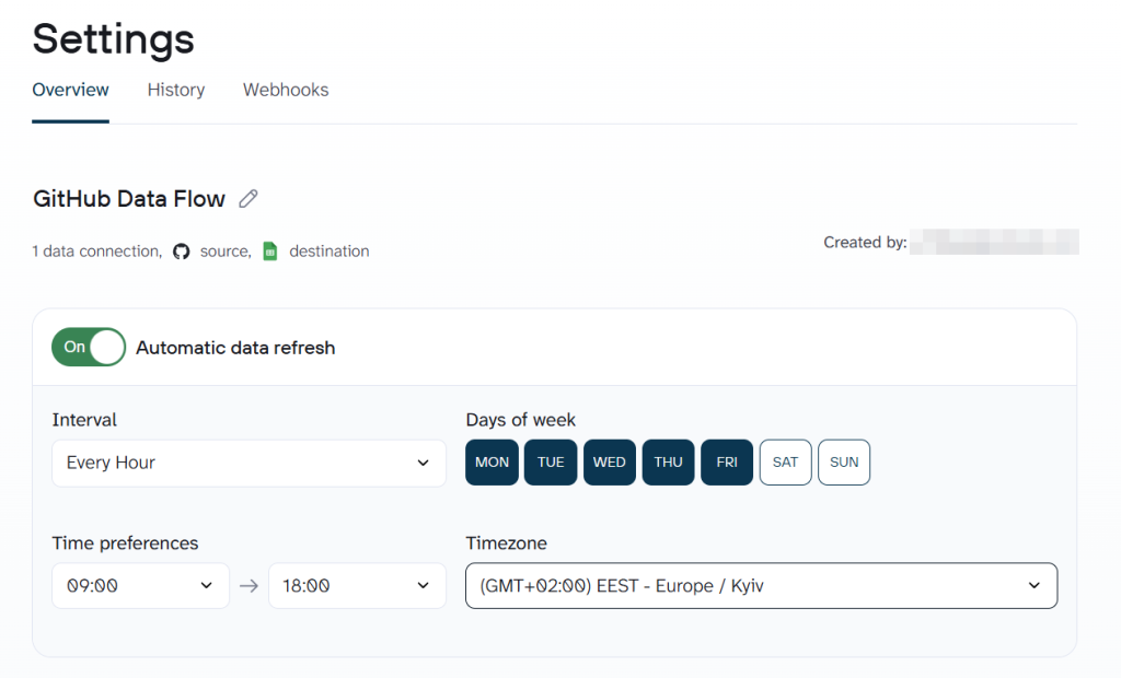 6 GitHub data flow scheduling settings interface