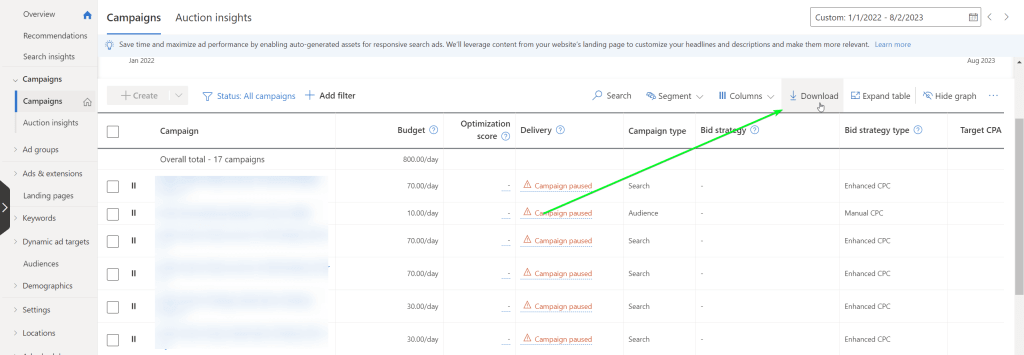 descargar csv bingads